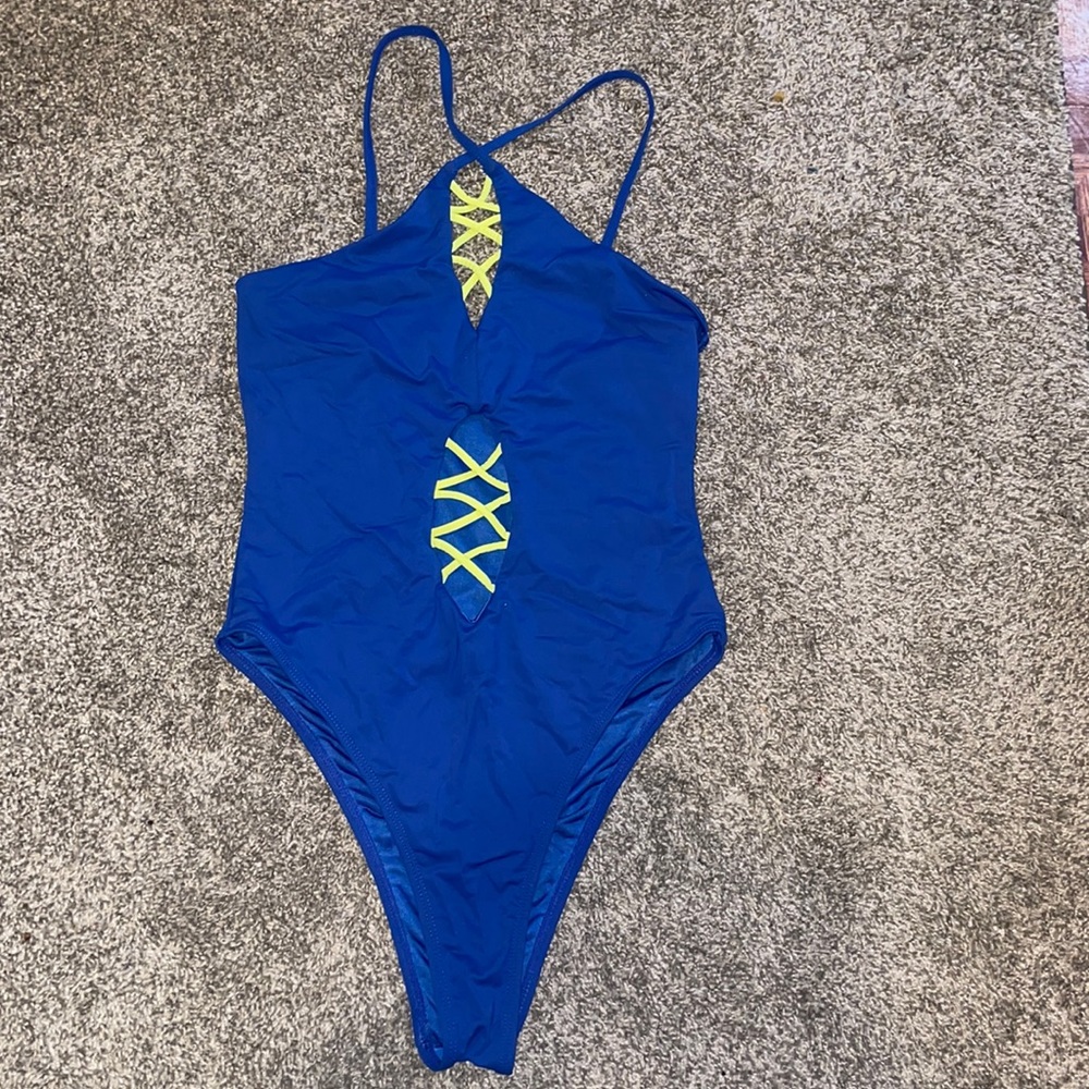 Royal blue and neon yellow one piece swim suit
